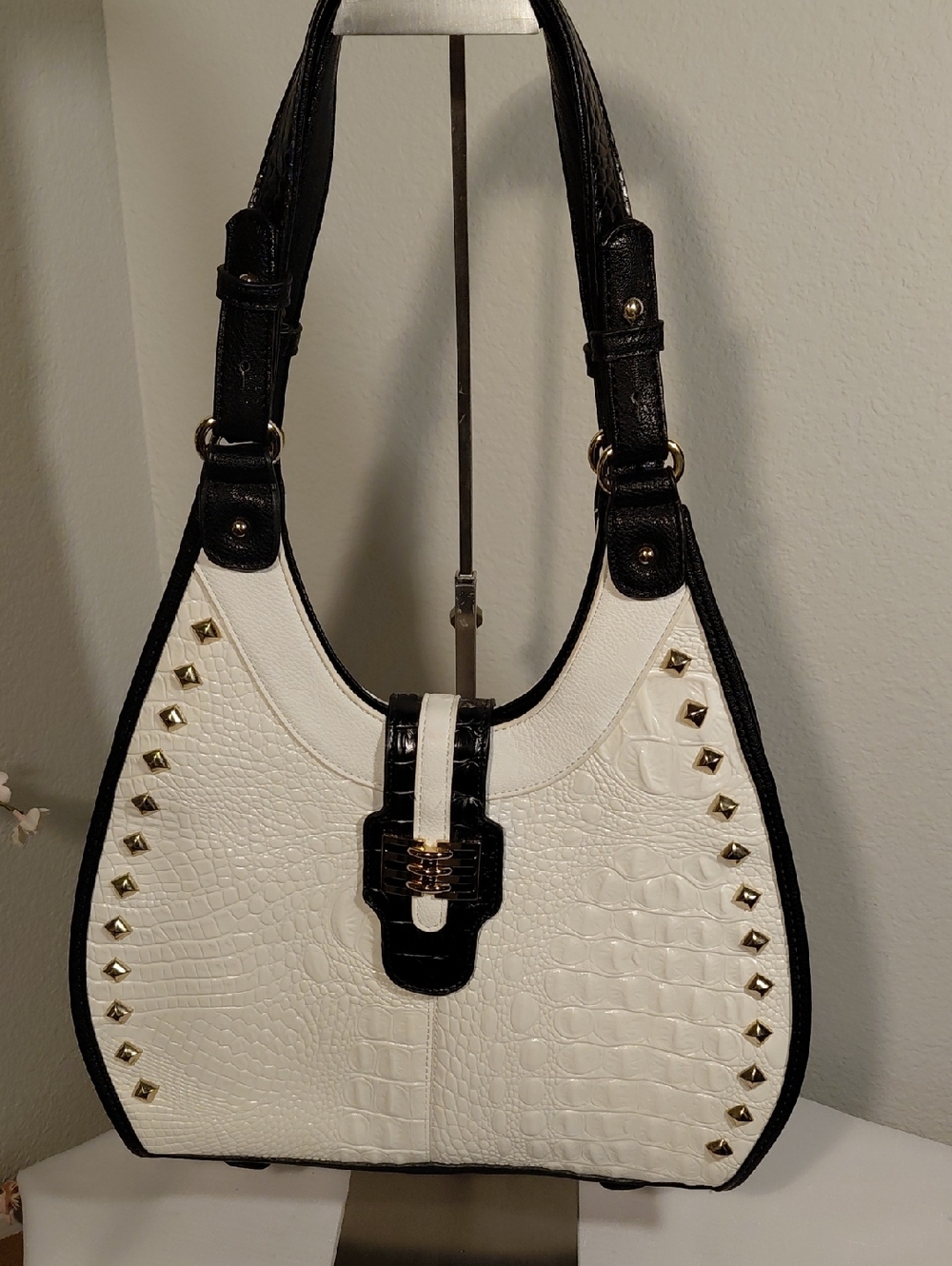 Croc-Embossed Studded Shoulder Bag
